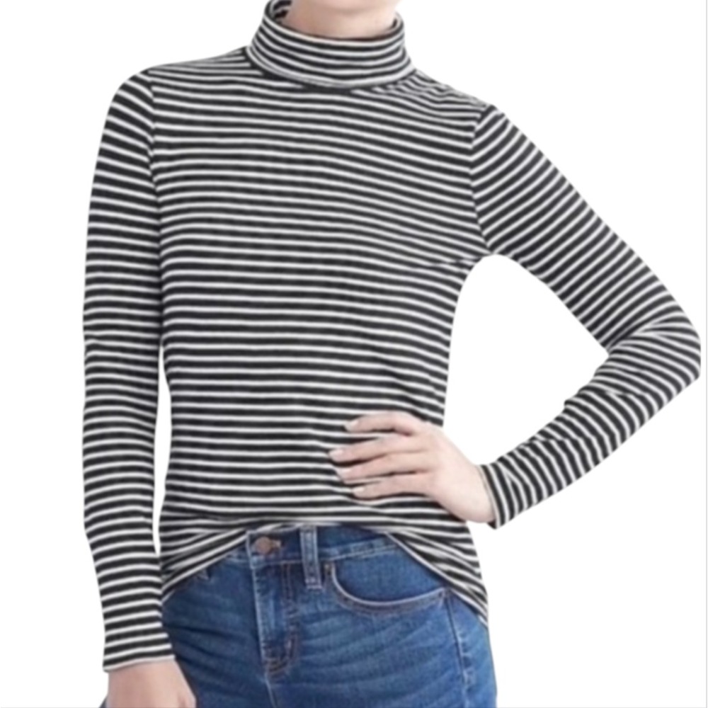 J CREW Soft Jersey Knit TURTLENECK TOP SHIRT Cotton BLACK w/WHITE STRIPES sz XL